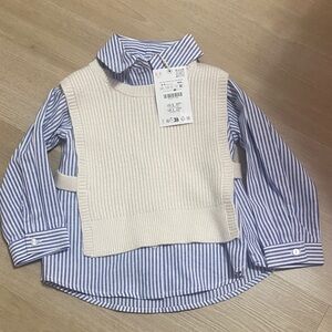 Zara Blue Striped Shirt with Cream Vest